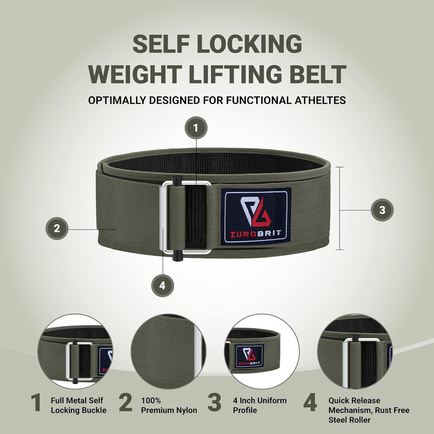 Eurobrit Weight Lifting Belt, Self-Locking Nylon Deadlift Belt 