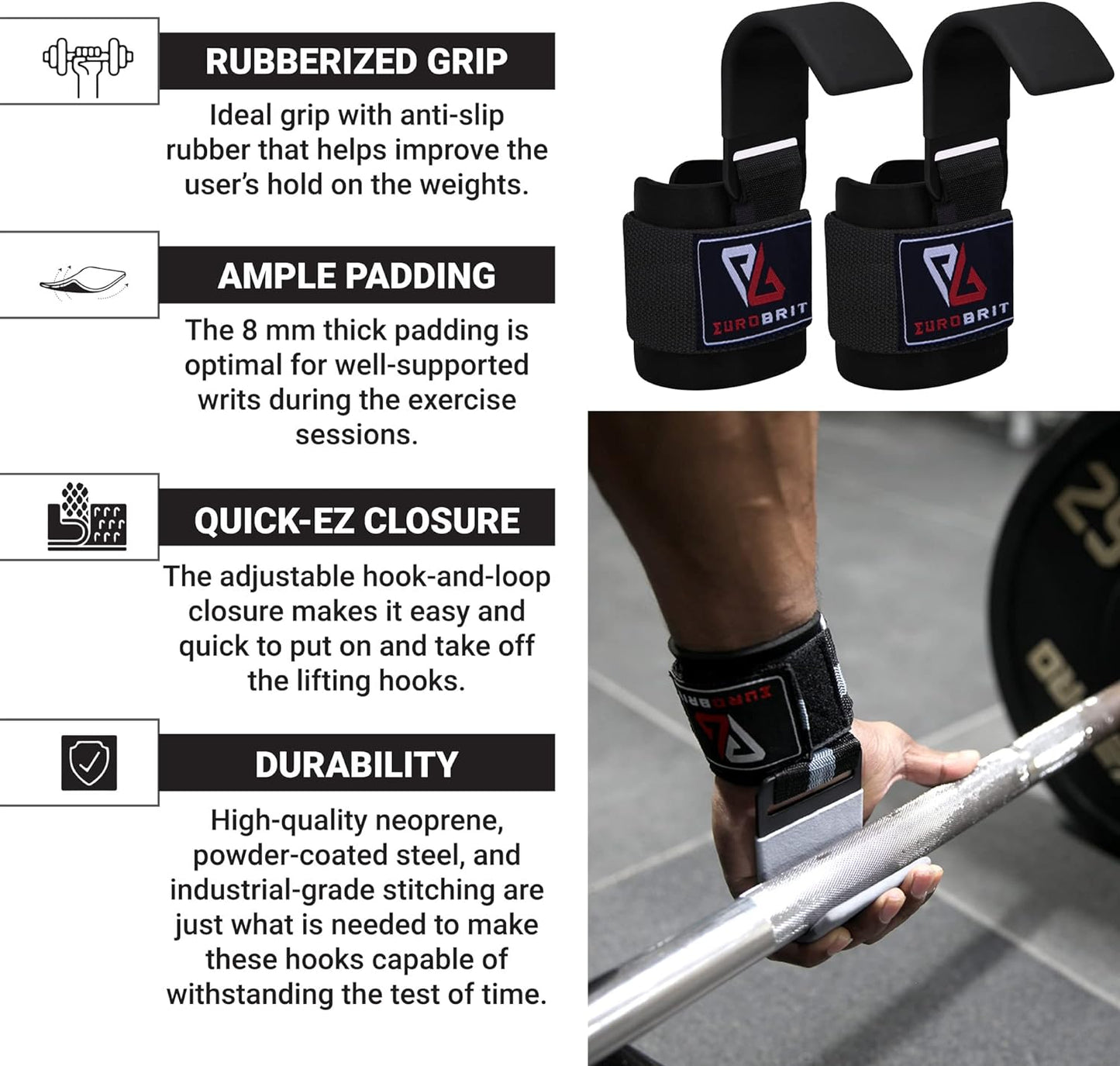 Eurobrit Weight Lifting Hooks Deadlift Straps